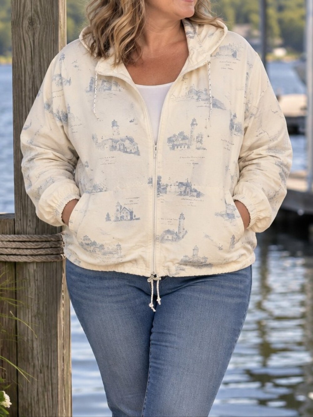 ARTISANS Screen Print & Embroidered. Great Lakes Lighthouse Print Zip-Up Jacket.